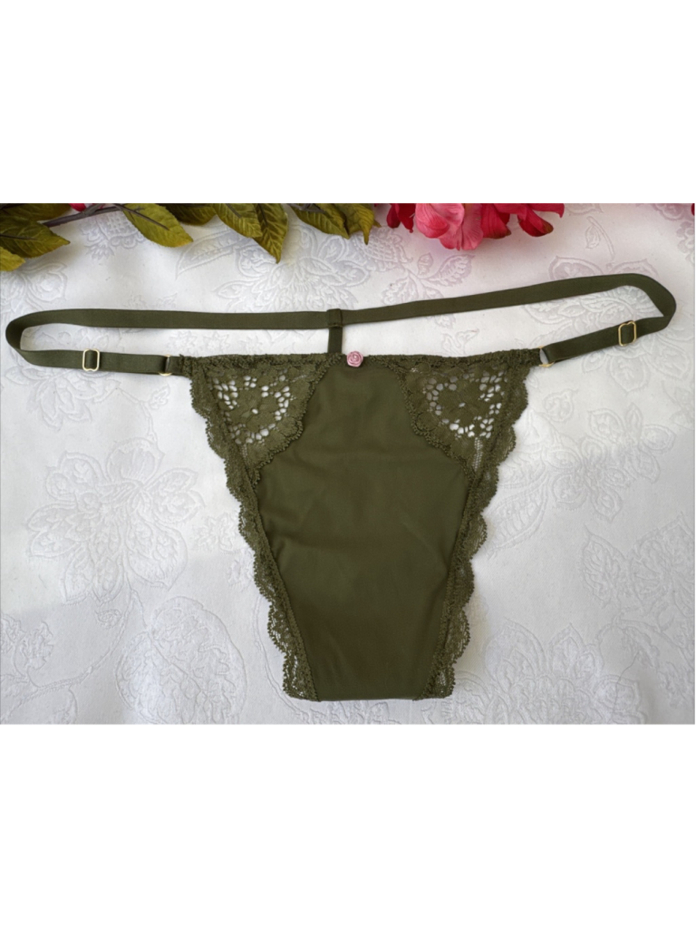 VICTORIA'S SECRET XL ARMY GREEN SILKY LACE V STRING ADJ SIDE THONG PANTIES NWT